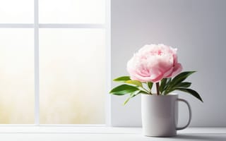 Картинка цветок пиона в кружке, чистая белая керамика, уникальные перспективы, пион, ИИ искусство