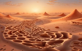 Картинка 3D иллюстрация, закат оранжевый, шалфейный зеленый, мираж, сумеречное спокойствие, тенистые тропы, ящерицы, скрытый источник, мистика, теплые тона, песчаная текстура, глубина, ложные повороты, загадка, искусно созданный песчаный ландшафт, завораживающий, сумерки, энгима, сухой лабиринт, AI искусство
