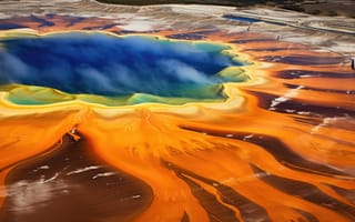 Картинка яркие геотермальные тона, текстурированные минералы, Большой призматический источник, Йеллоустоун, гейзер, минералы, радуга, ИИ искусство