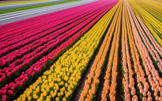 Картинка яркие весенние тона, сложные цветочные текстуры, Поле тюльпанов, весенние цветы, поле, цветочный, цвести, ИИ искусство