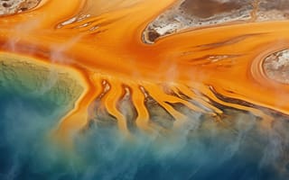 Картинка яркие геотермальные тона, текстурированные минералы, Большой призматический источник, Йеллоустоун, гейзер, минералы, радуга, ИИ искусство