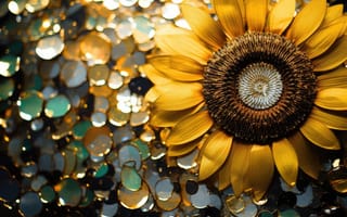 Картинка абстрактная природа, витраж, золотые монеты, подсолнух, жизненная сила, искусственный интеллект