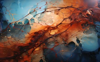Картинка холст в смешанной технике, масляная краска кружится, разбитые зеркала, медный провод, хаотичный пейзаж, ИИ искусство
