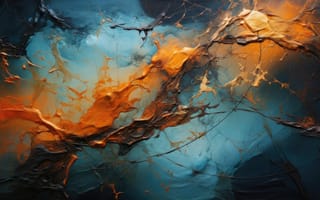 Картинка холст в смешанной технике, масляная краска кружится, разбитые зеркала, медный провод, хаотичный пейзаж, ИИ искусство