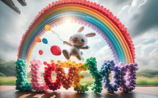 Картинка радостная и игривая атмосфера, радуга, причудливые воздушные шары, анимированный кролик, жизнерадостный, любовь, милый, ИИ искусство