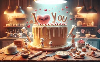 Картинка приятная и веселая атмосфера, пекарня, гигантский торт, глазурь буквы, анимированная кухонная утварь, искусство кулинарии, любовь, милый, ИИ искусство