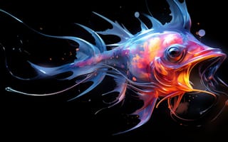 Картинка цифровое искусство, рыба, яркий, преувеличенный, плавание, темный, Изобразительное искусство, динамичный, фантазия, смелые цвета, арт, живопись и дизайн, ИИ искусство