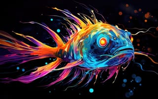 Картинка цифровое искусство, рыба, яркий, преувеличенный, плавание, темный, Изобразительное искусство, динамичный, фантазия, смелые цвета, арт, живопись и дизайн, ИИ искусство