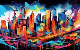 Картинка абстрактный, городской пейзаж, яркий, хаотичный, брызги, красочный, рисование, современное искусство, энергичный, динамичный, яркие тона, искусство, креативность, ИИ искусство