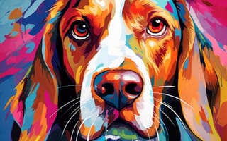 Картинка красочный, абстрактный, собака, рисование, акриловая или масляная краска, эмоциональный, интенсивный, яркий, современное искусство, настенное искусство, портрет домашнего животного, ИИ искусство