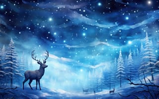 Картинка иллюстрация, олень, снежный пейзаж, звездное небо, ночь, деревья, цифровое искусство, спокойный, безмятежный, синие тона, природа, зима, дикая природа, фантазия, ИИ искусство