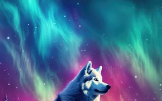 Картинка хаски, Северное сияние, ночное небо, яркие цвета, цифровое искусство, фантазия, безмятежный, величественный, горы, фиолетовый, розовый, синий, зеленый, животное, космос, природа, красота, ИИ искусство