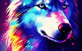 Картинка яркий, волк, красочный, абстрактный, иллюстрация, цифровое искусство, насыщенные цвета, выразительный, причудливый, современный, животное, динамичный, разноцветный, произведение искусства, ИИ искусство