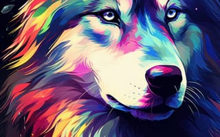 Картинка яркий, волк, красочный, абстрактный, иллюстрация, цифровое искусство, насыщенные цвета, выразительный, причудливый, современный, животное, динамичный, разноцветный, произведение искусства, ИИ искусство