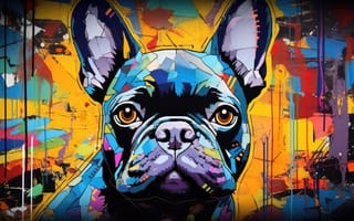 Картинка граффити, уличное искусство, яркий, абстрактный, городской, игривый, смелые цвета, животное, французский бульдог, ИИ искусство