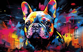 Картинка граффити, уличное искусство, яркий, абстрактный, городской, игривый, смелые цвета, животное, французский бульдог, ИИ искусство