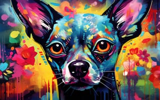 Картинка красочный, причудливый, рисование, стилизованный, яркий, поп арт, радостный, выразительный, яркие тона, портрет животного, собака, чихуахуа, ИИ искусство