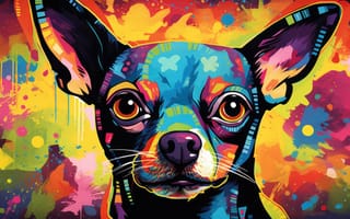 Картинка красочный, причудливый, рисование, стилизованный, яркий, поп арт, радостный, выразительный, яркие тона, портрет животного, собака, чихуахуа, ИИ искусство