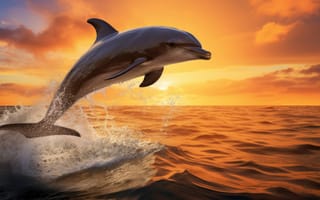 Картинка фотореалистичное цифровое искусство, динамичный, радостный, яркий оранжевый закат, морская жизнь, энергичный, брызги воды, природа, дикая природа, морской пейзаж, млекопитающее, дельфин, ИИ искусство