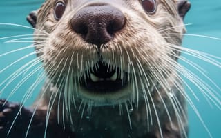 Картинка фотографическое изображение, дикая природа, крупный план, привлекательный, игривое выражение лица, любопытство, водный, естественное освещение, оттенки синего и коричневого, капли воды, портрет животного, морская выдра, ИИ искусство