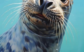 Картинка под водой, тюлень, дикая природа, морская жизнь, любопытство, умиротворенность, водные тона, портрет животного, сине-зеленая цветовая палитра, спокойствие, невиновность, пятнистый мех, природа, ИИ искусство