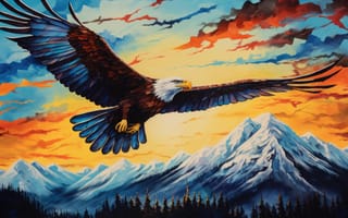Картинка рисование, акрил, величественный, свобода, вдохновляющий, тепло, яркий, природа, дикая природа, закат, горы, река, орел, ИИ искусство