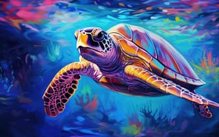 Картинка рисование, масло или акрил, реалистичный, мирный, умиротворенность, яркие цвета, синий, апельсин, морская жизнь, подводная сцена, лучи света, фауна, морская черепаха, ИИ искусство