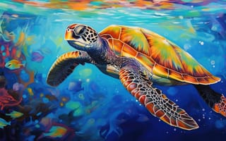 Картинка рисование, масло или акрил, реалистичный, мирный, умиротворенность, яркие цвета, синий, апельсин, морская жизнь, подводная сцена, лучи света, фауна, морская черепаха, ИИ искусство