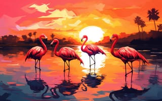 Картинка цифровое искусство, иллюстрация, закат, яркие цвета, фламинго, тропический, отражение, безмятежный, дикая природа, апельсин, розовый, фиолетовый, природа, птицы, ИИ искусство