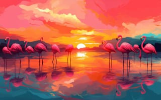 Картинка цифровое искусство, иллюстрация, закат, яркие цвета, фламинго, тропический, отражение, безмятежный, дикая природа, апельсин, розовый, фиолетовый, природа, птицы, ИИ искусство