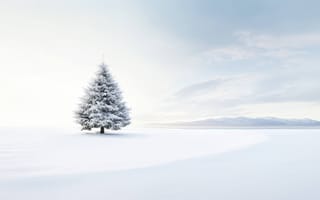 Картинка пейзаж, зимняя сцена, спокойствие, минималистичный, белые цветовые тона, холодная атмосфера, природа, одиночное дерево, ИИ-искусство