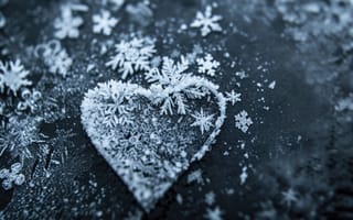 Картинка снежинки, сердце, зима, кристаллы льда, макрос, символ любви, холодная температура, мороз, детали природы, ИИ искусство