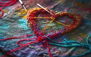 Картинка форма сердца, разноцветная пряжа, иглы для вышивания, принадлежности для рукоделия, проект своими руками, ткань, резьба искусство, креативность, ручной работы, различные цвета, концепция валентинки, хобби, текстильное искусство, ИИ искусство