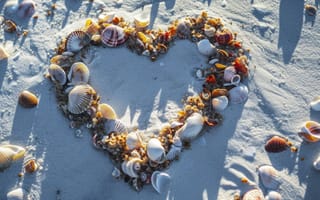 Картинка форма сердца, ракушки, морская звезда, пляж, песок, романтический, любовь, искусство, натуральные материалы, Приморский, морская жизнь, креативный дизайн, закатный свет, прибрежный, ИИ искусство