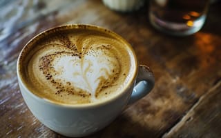 Картинка Кофейная чашка, латте сердце, пенистый напиток, деревянный стол, атмосфера кофейни, теплый напиток, керамическая кружка, ИИ искусство