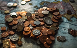 Картинка монеты, карта мира, валюта, путешествовать, деньги, география, международный, коллекция, сокровище, винтажная карта, финансы, мировая экономика, ИИ-арт