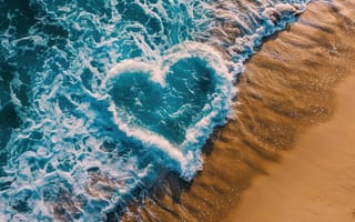 Картинка пляж, форма сердца, песок, морские волны, мыло, романтический, закат, рисунок, океан, береговая линия, символ любви, природа, берег, ИИ искусство