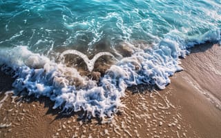 Картинка пляж, форма сердца, песок, морские волны, мыло, романтический, закат, рисунок, океан, береговая линия, символ любви, природа, берег, ИИ искусство