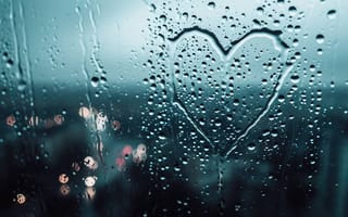Картинка окно, промокшее от дождя, рисунок сердца, капли воды, огни вечернего города, боке, романтика, конденсат на стекле, ИИ искусство