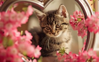 Картинка Котенок, Зеркало, Цветы, Табби, Отражение, Милый, Лепестки, Внутри, Животное, Домашний кот, Флора, Искусственный интеллект