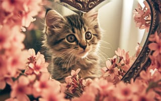 Картинка Котенок, Зеркало, Цветы, Табби, Отражение, Милый, Лепестки, Внутри, Животное, Домашний кот, Флора, Искусственный интеллект