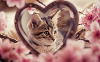 Картинка Котенок, Зеркало, Цветы, Табби, Отражение, Милый, Лепестки, Внутри, Животное, Домашний кот, Флора, Искусственный интеллект