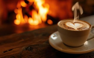 Картинка сердце в кофе, латте-арт, теплый напиток, размытый камин, уютная атмосфера, кружка кофе, искусство бариста, дизайн кофейной пены, ИИ искусство