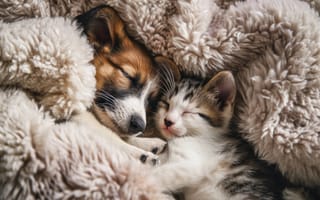 Картинка спящий котенок, спящий щенок, обнимающиеся животные, пушистое одеяло, дружба с домашними животными, усы котенка, щенок мех, уютный сон, межвидовая дружба, ИИ искусство
