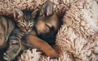 Картинка спящий котенок, спящий щенок, обнимающиеся животные, пушистое одеяло, дружба с домашними животными, усы котенка, щенок мех, уютный сон, межвидовая дружба, ИИ искусство
