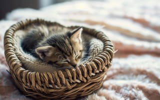 Картинка Котенок, Плетеная корзина, Пухлый, Большие глаза, Очаровательный, Прячется, Маленькая кошка, Питомец, Уютный, Дом, Искусственный интеллект
