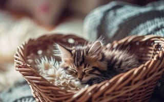Картинка Котенок, Плетеная корзина, Пухлый, Большие глаза, Очаровательный, Прячется, Маленькая кошка, Домашний питомец, Уютный, Дом, Искусственный интеллект
