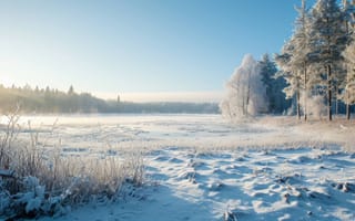 Картинка озеро, снег, деревья, лес, зима, спокойствие, синий, лед, мороз, умиротворенность, природа, пейзаж, лесной массив, фон, холодный, ИИ искусство