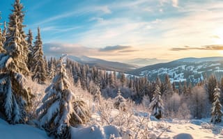 Картинка снег, деревья, зима, пейзаж, вид с воздуха, восход, горы, лес, природа, холодный, живописный, спокойный, дикая местность, красота, ИИ-искусство