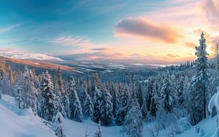 Картинка снег, деревья, зима, пейзаж, вид с воздуха, восход, горы, лес, природа, холодный, живописный, спокойный, дикая местность, красота, ИИ-искусство